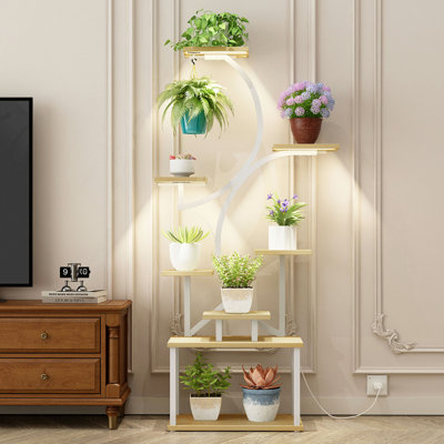 Support à plante d'intérieur avec lumières de croissance - tablette de plante de 62 po de hauteur, supports de plante d'angle éclairés pour la culture en intérieur, grand support à fleurs à 8 niveaux, support décoratif en forme de S pour le salon