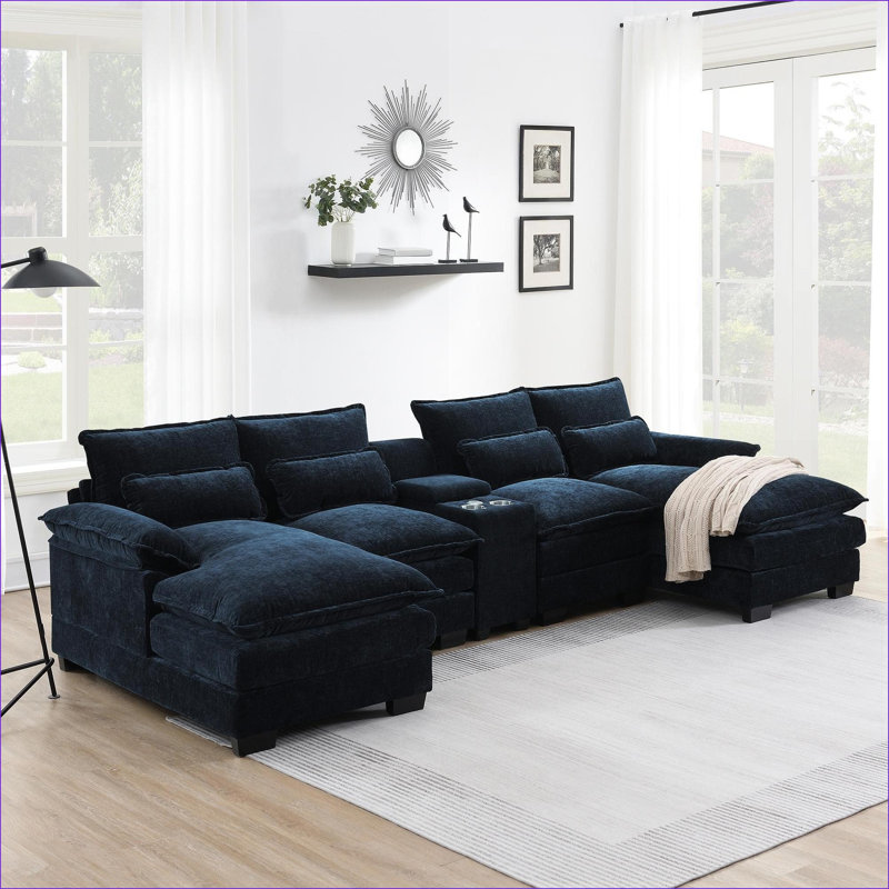 Canapés modulaires | Couchette en forme de U de 123 pouces pour 6 personnes avec USB et porte-gobelets | Bleu foncé | Chenille