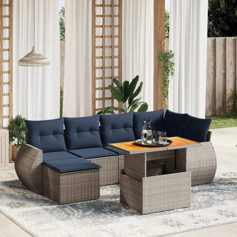  Ensemble de canapé de patio 7 pièces avec coussins en rotin de polyester, Gris, Bleu