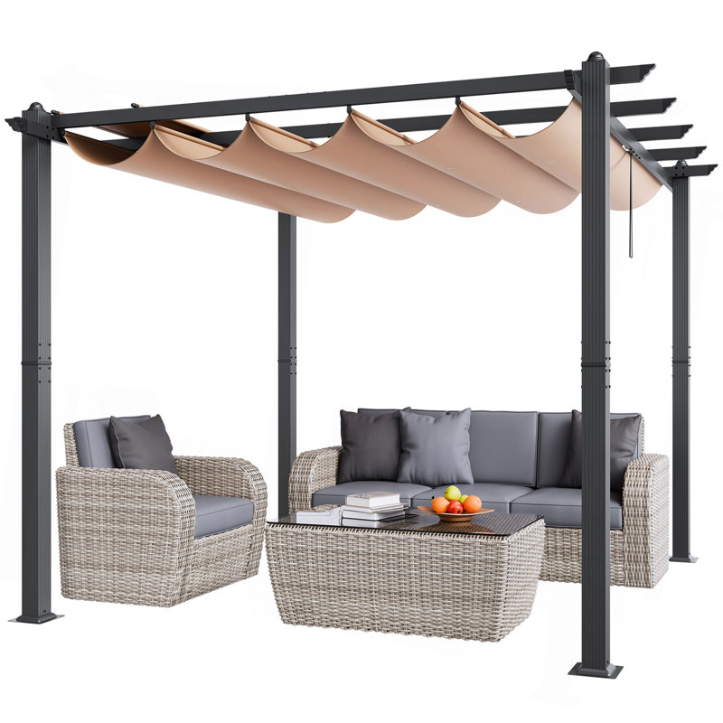 Pergola rétractable d'extérieur 10 pi x 10 pi avec auvent en aluminium beige