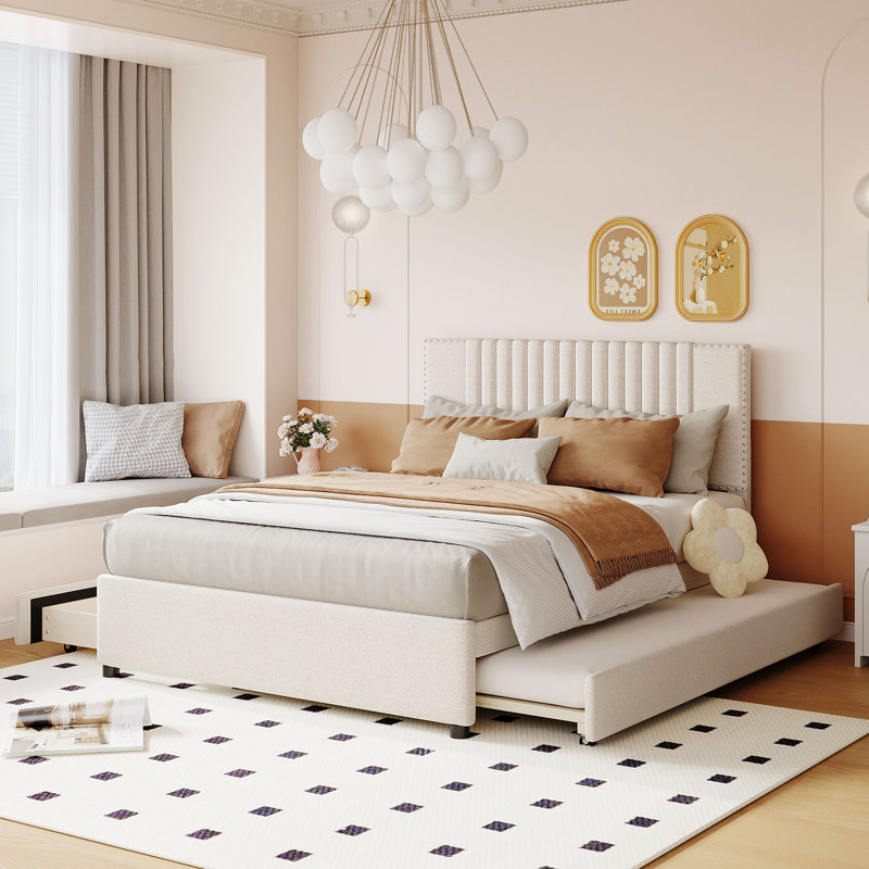  Lit plateforme double tapissier double avec gigogne simple, base de rangement, tête de lit à canal vertical moderne, beige