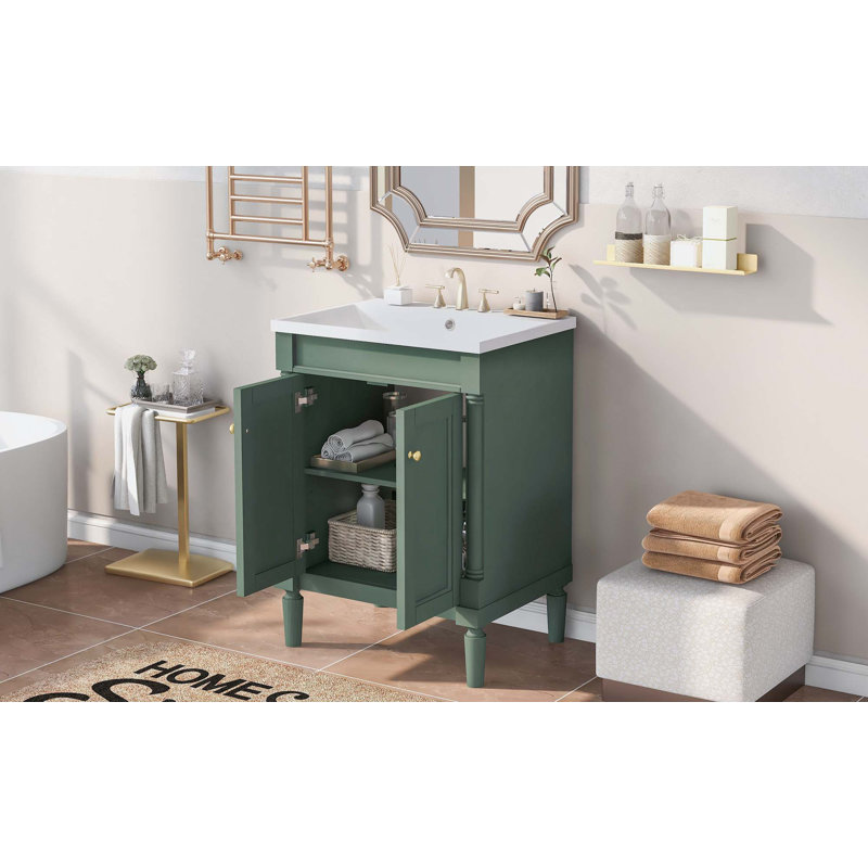 Meuble-lavabo moderne à 2 niveaux avec lavabo supérieur et grandes tablettes de rangement, Vert
