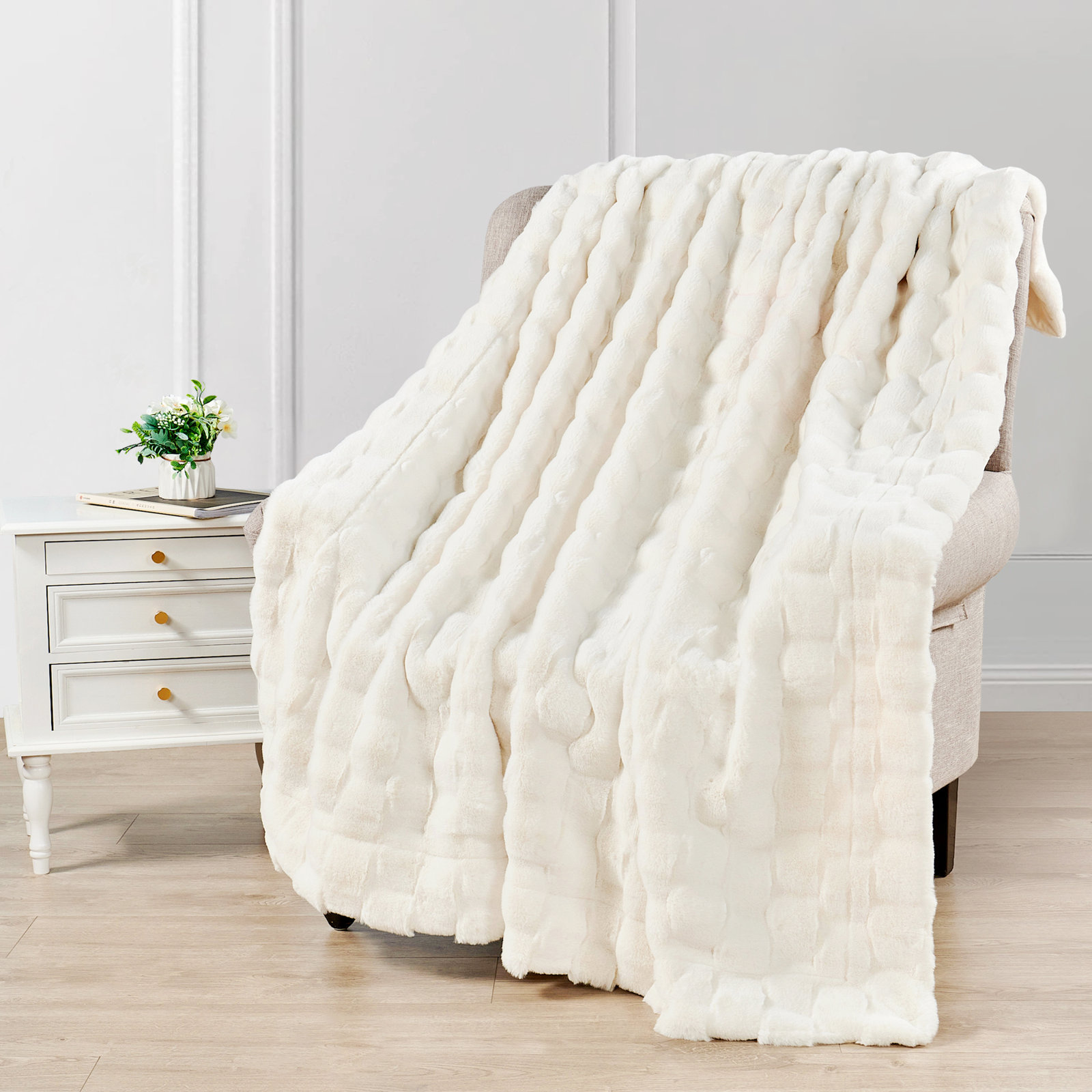 Biscoe Faux Fur Knitted Throw Blanket, White, 60"W x 70"L