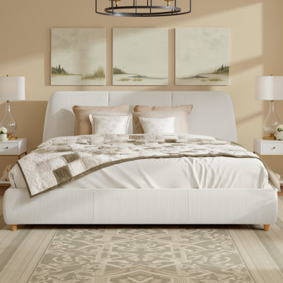Modern Upholstered Bed Frame Linen Fabric Platform Bed with Solid Wood Legs, White, No Box Spring Needed
