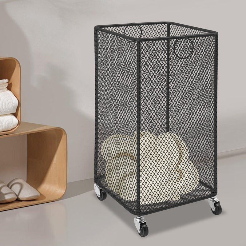 Metal Mesh Rolling Laundry Basket, Matte Black