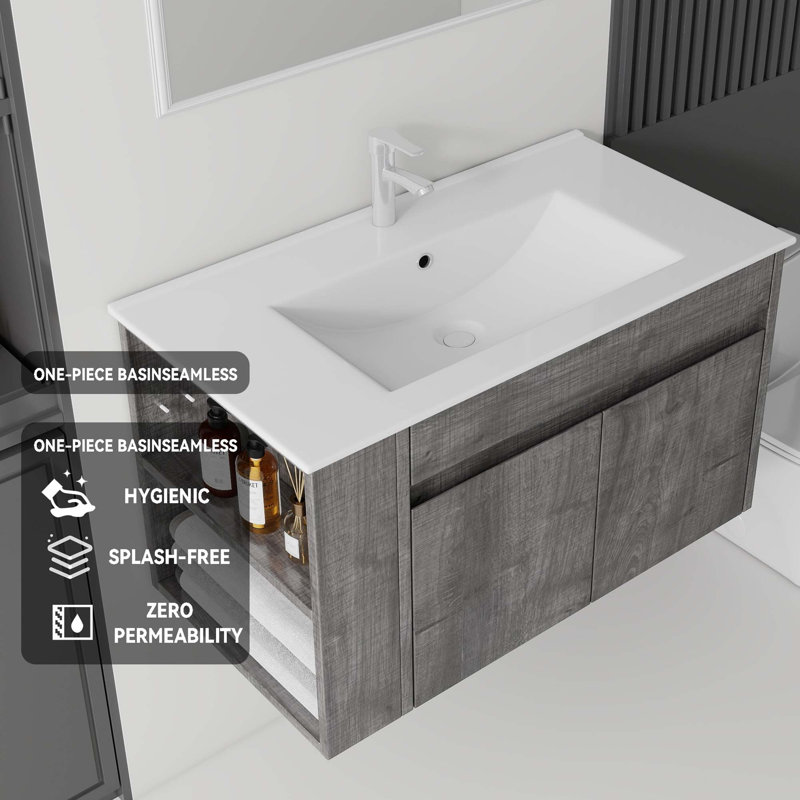 Meuble-lavabo flottant avec portes à fermeture en douceur et lavabo en céramique, Gris