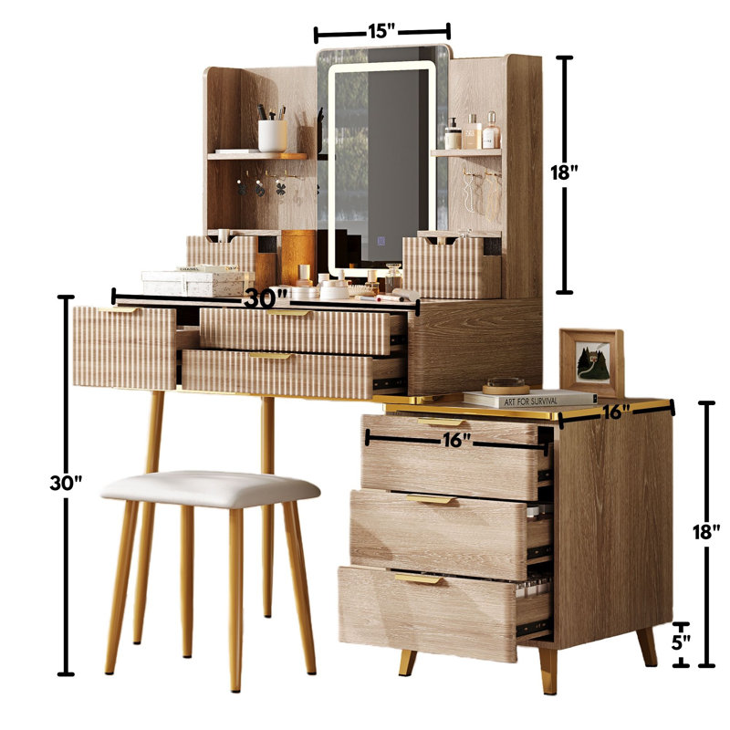 45"W Extendable Makeup Vanity With PU Stool, 7 Drawer ,LED Mirror And Jewelry Storage