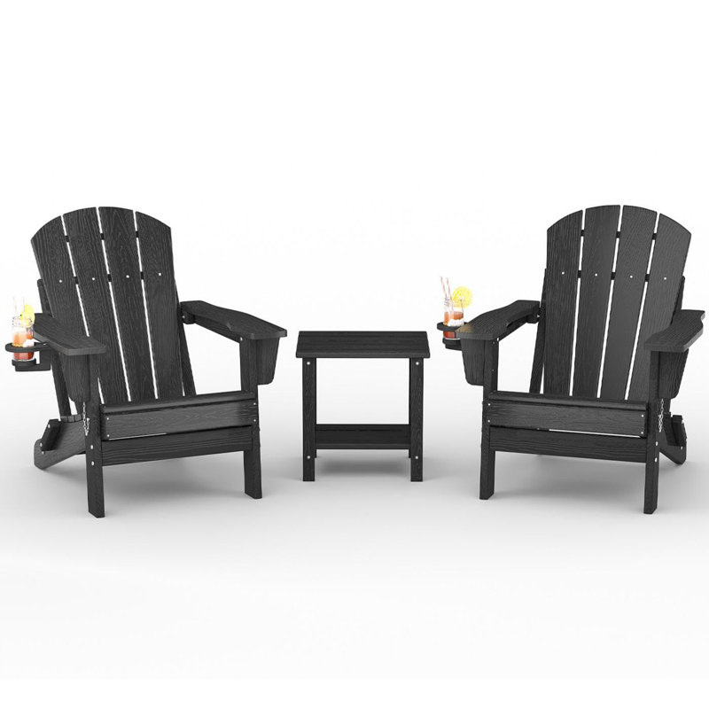 Folding Adirondack Chair Set of 2 with Side Table, HDPE Outdoor Patio Chairs with Cup Holder, Black