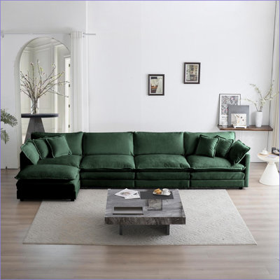 Canapé modulaire pour salon, canapé convertible modulaire en U à 5 places avec repose-pieds | Vert sauge | Chenille
