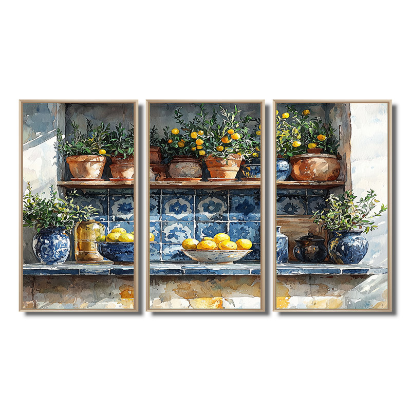 Blue And Yellow Kitchen Greek Kitchen - Kitchen Wall Art Living Room Set, Natural Floater Framed Canvas, 32" H x 48" W x 1" D