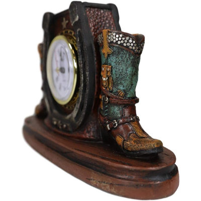 Tisman Foundry Select Country Western Star Lucky Horseshoe Faux Tooled Leather Turquoise Cowboy Boots Designer Resin Analog Desktop Table Clock 9.25 -  2F2EBCD4E9FB4DA492CBFE1C9E7566E3