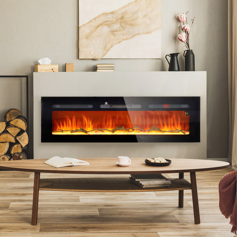 Foyer électrique 60 "encastré et mural 60" avec télécommande, foyer 1500W avec minuterie 8H, couleur et luminosité de flamme réglables, bûche et cristal