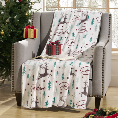 Kathy ireland Holiday Print Plush Flannel Throw Blanket
