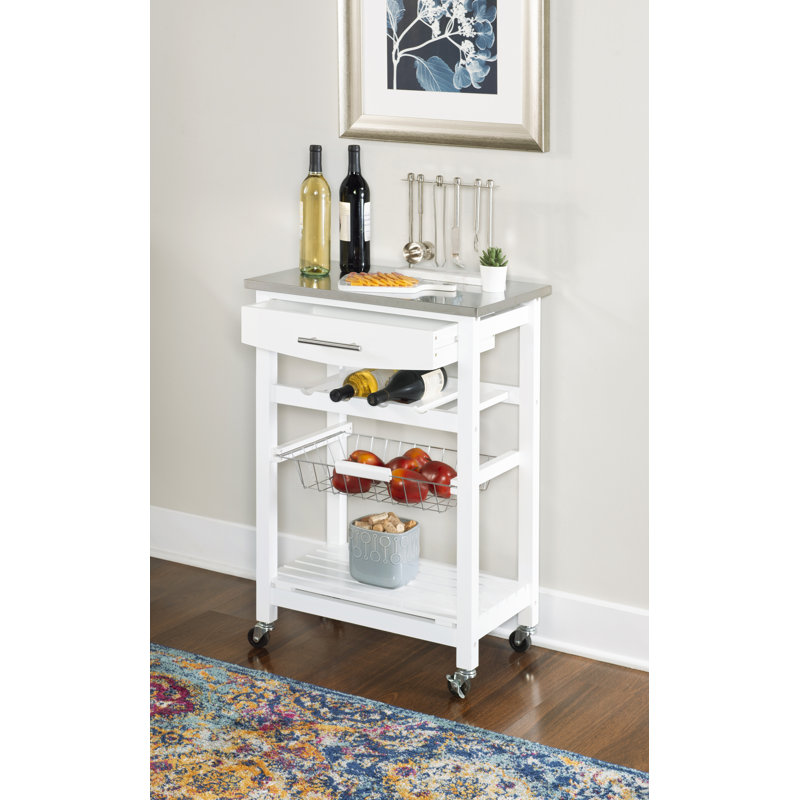 Macy Rolling Granite Kitchen Cart with Utility Drawer & Basket, Gray, Stainless Steel
