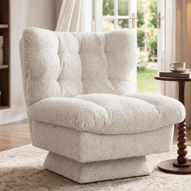 White Teddy Fleece Swivel Accent Chair, 360° Rotation Single Lounge Armchair, Ergonomic High Back Reading Chair, Thick Sponge Padded Leisure Chair for Bedroom Living Room, 300lbs Weight Capacity