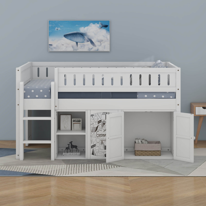 Lit mezzanine double avec armoire de rangement et tableau noir, Blanc