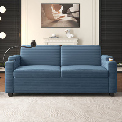 72.8" Corduroy Sleeper Sofa Loveseat Sofa With Full Size Mattress, Two USB Ports, Two Cup Holders, Two Side Pockets And A Phone Holder For Living Room, Navy Blue