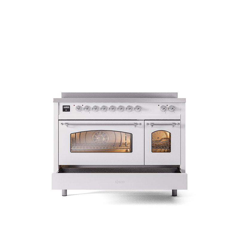 ILVE Nostalgie II Series 48 inch Induction Range with 6 Induction Elements (Glass Door), White/Chrome