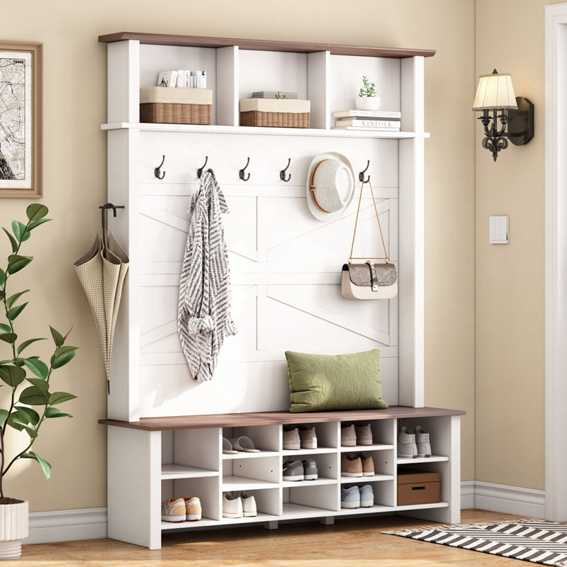 4-in-1 Hall Tree with 6 Hooks with Adjustable Shelves, White