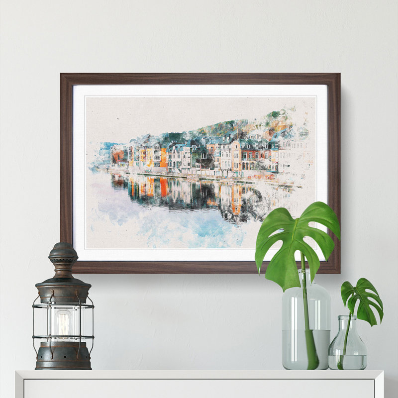 Row of Houses in Dinant Belgium - Picture Frame Painting Print, 24cm H x 33cm W x 2cm D, Walnut Framed Framed