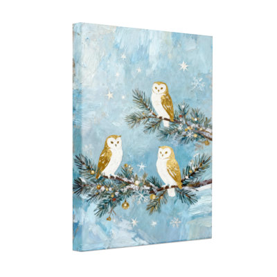 Hiboux de Noël sur branches avec flocons de neige, ensemble de 3 impressions sur toile