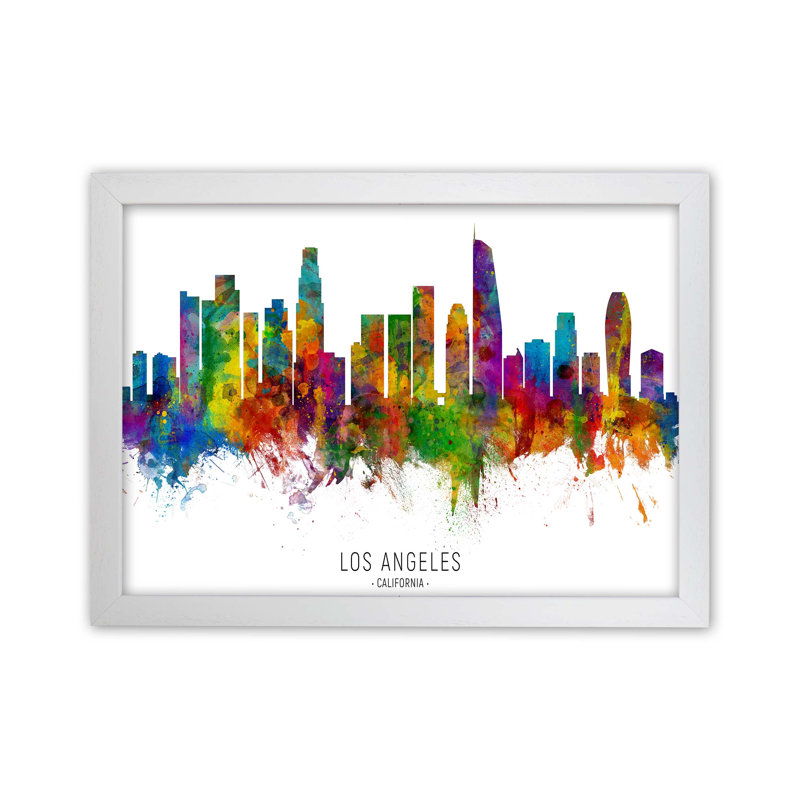 Los Angeles California Skyline Red City Name by Michael Tompsett - Print, White Framed, 25cm H x 34cm W x 3cm D