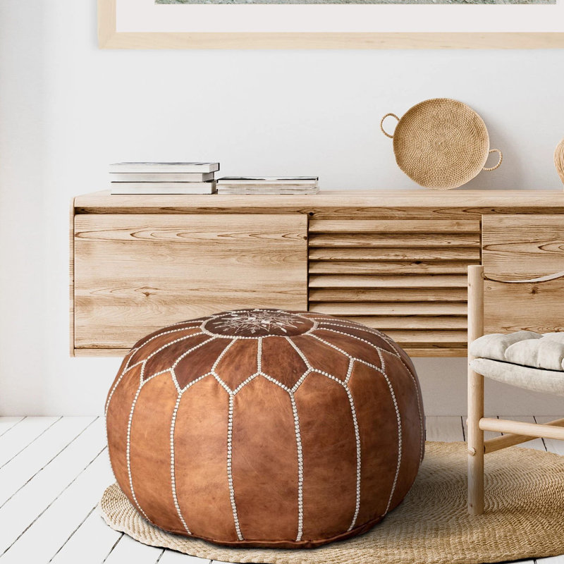 Leather Pouf, Light Brown Genuine Leather
