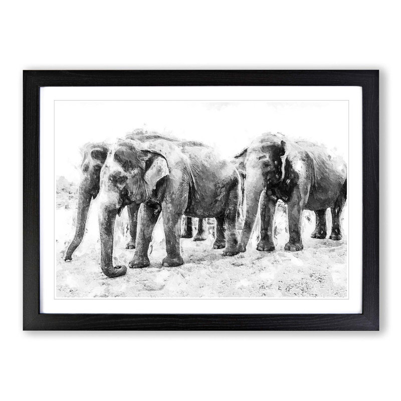 Elephants in Sri Lanka - Picture Frame Painting Print on MDF, 48cm H x 65cm W x 2cm D, Black Framed