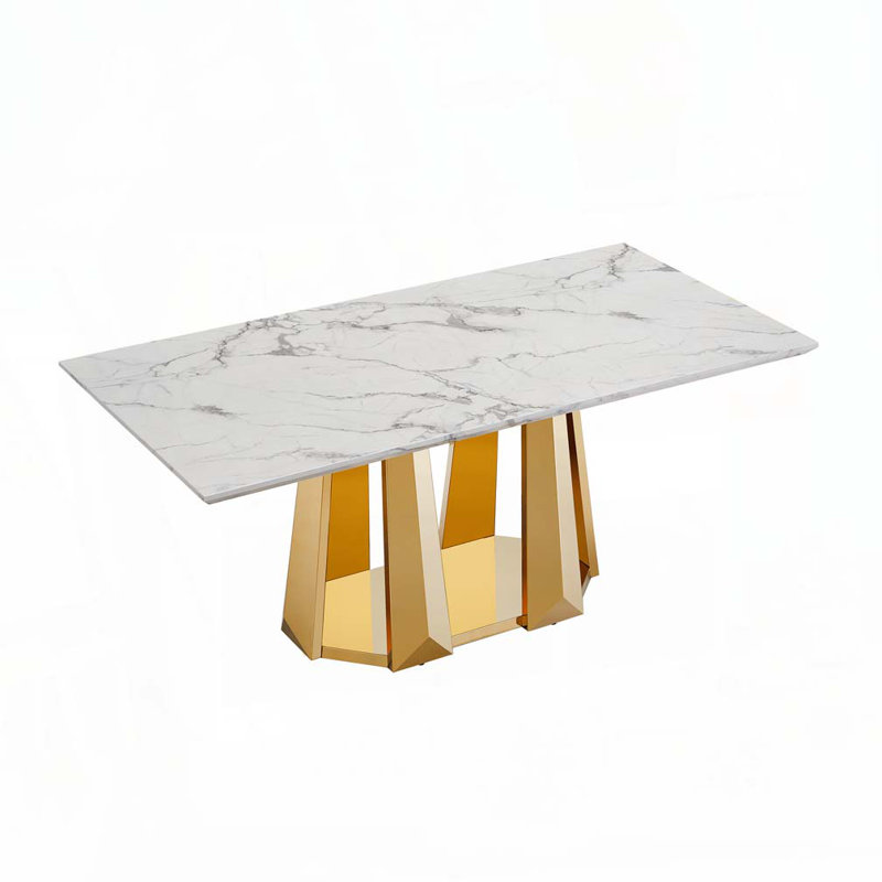 Table de salle à manger en faux marbre avec base en acier inoxydable, pour 6 personnes, Doré, Blanc
