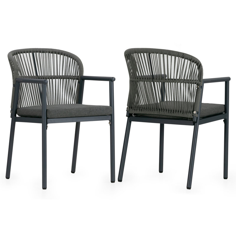 Ensemble de 2 chaises de salle à manger d'extérieur Bina avec dossier en rotin synthétique tissé à la main, Gris, Gris