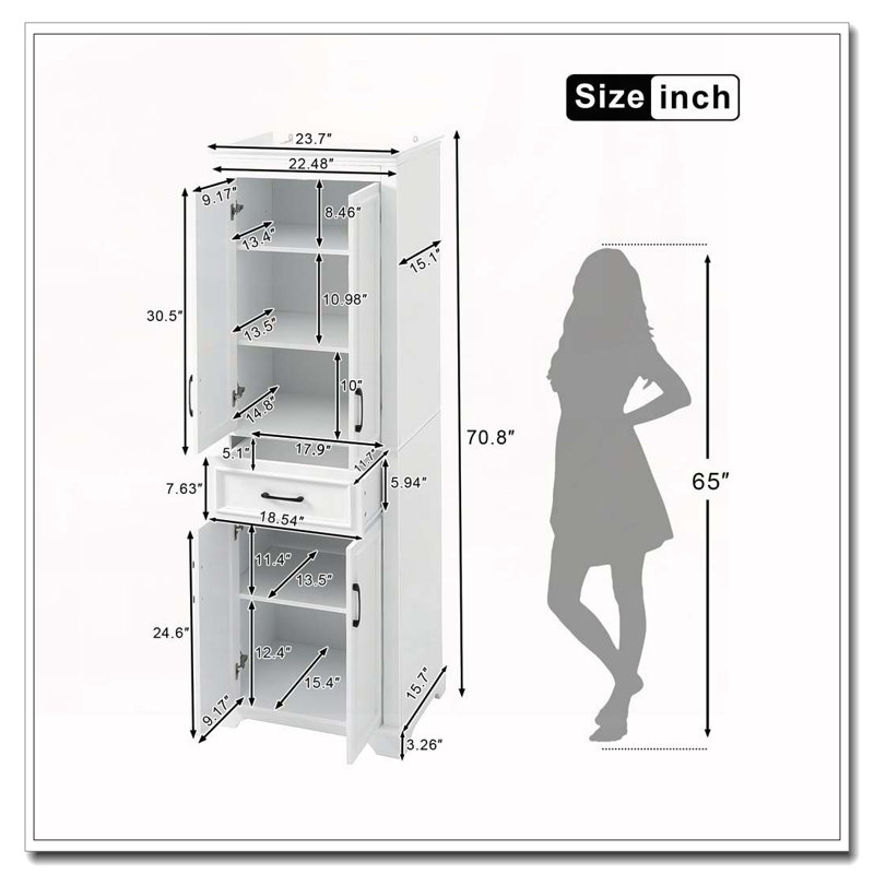 Meuble-lavabo autoportant de 70,8 po de conception moderne et élégante, 4 portes et 1 tiroir, rangement compact avec tablettes réglables