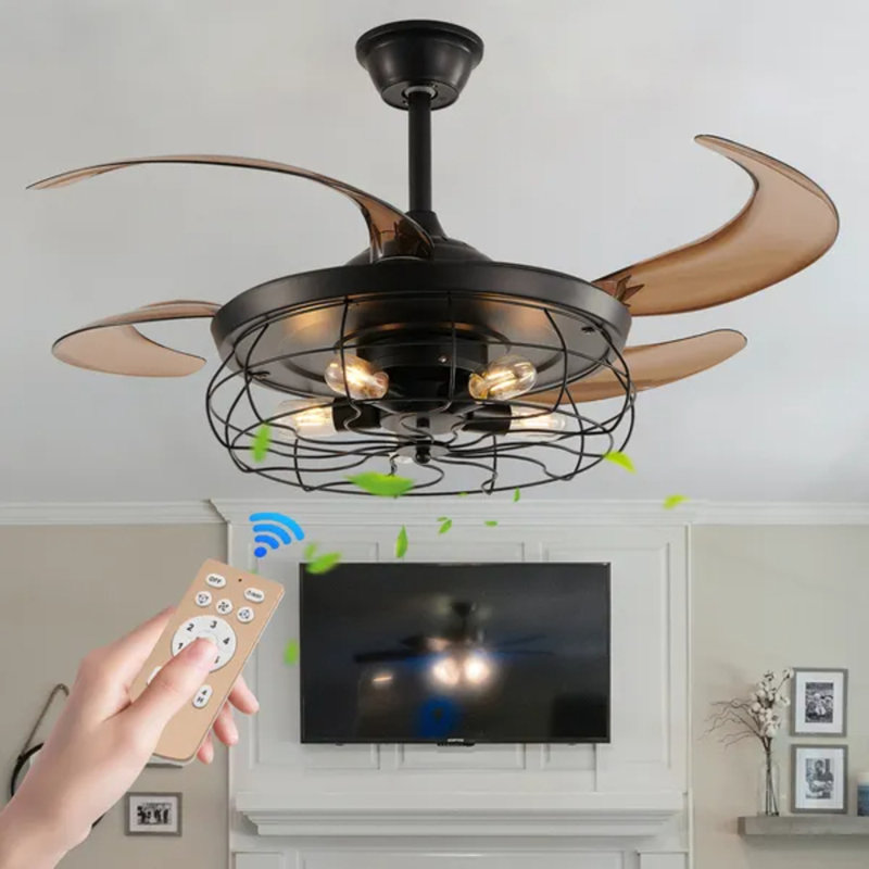 48" Black Remote Control Ceiling Fan Light, Industrial 4-blade Cage Fan, 6-speed Reversible Dc Motor Silent Fan For Living Room Bedroom Office (bulbs Not Included)