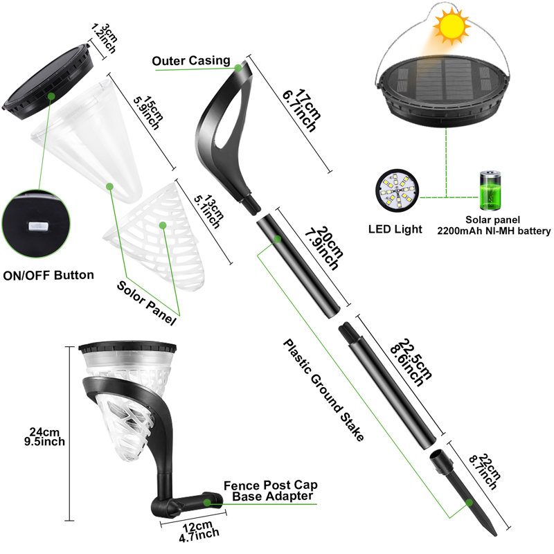 Lumières de jardin extérieures Huotian à DEL, autonomie élevée, imperméable, 9 modes d'éclairage, cadeau de la fête des Mères (ensemble de 2)
