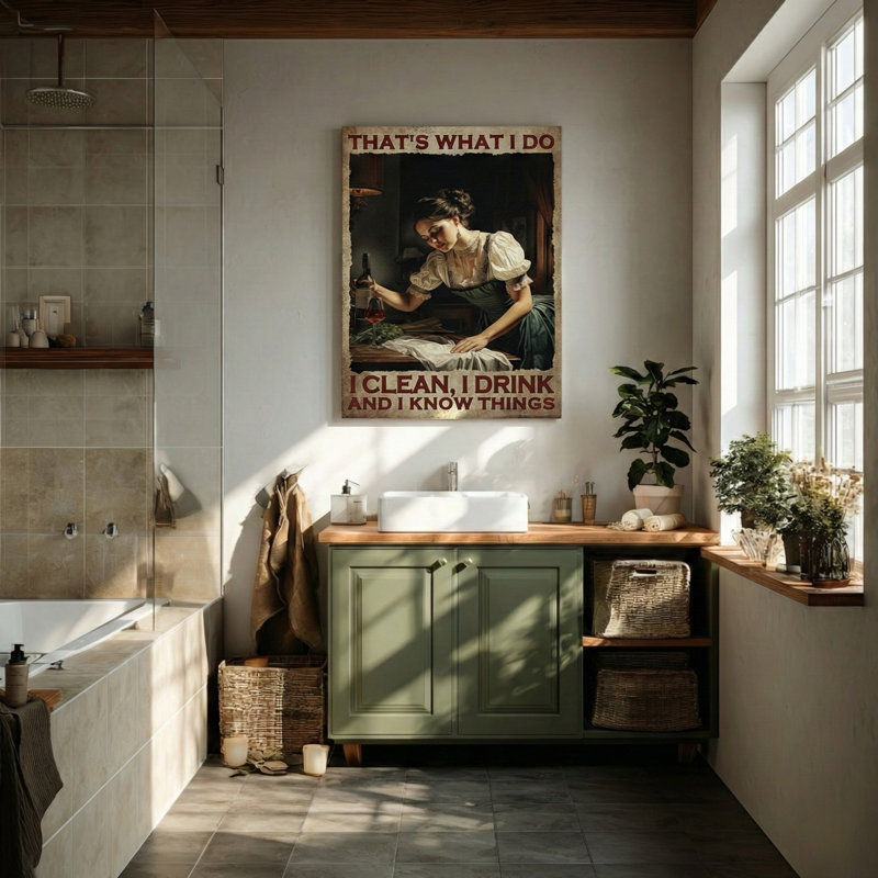 Fille - I Clean, I Drink Gallery - toile tendue - salle de bain et buanderie, décor blanc et bleu, H 20 po x l 16 po x P 2 po