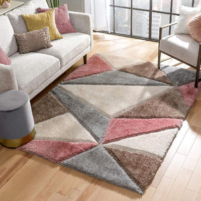 Tapis à poils longs texturé à motif géométrique moderne et moderne | Rosé gris