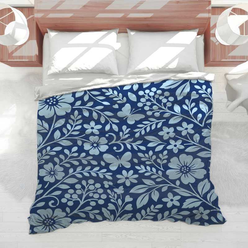 Blue Floral Butterfly Pattern Comforter, King