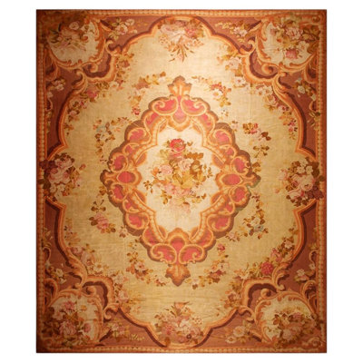 1850s Antique Beige Floral Medallion French Neoclassical European Aubusson rug