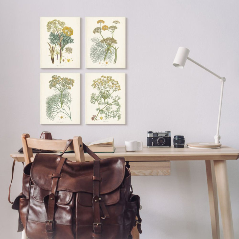 Étude de safran rétro avec herbes florales - ensemble de 4 impressions d'art graphique, H 15 po x l 10 po, Plaque murale