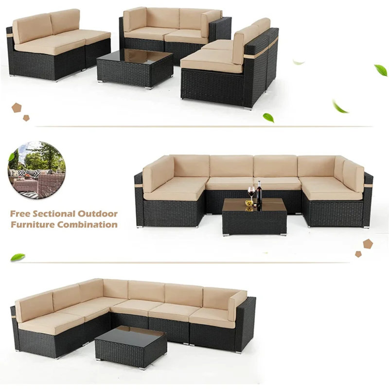 Ensemble de conversation modulaire en rotin 7 pièces avec foyer, Beige, Noir, noir, noir, noir