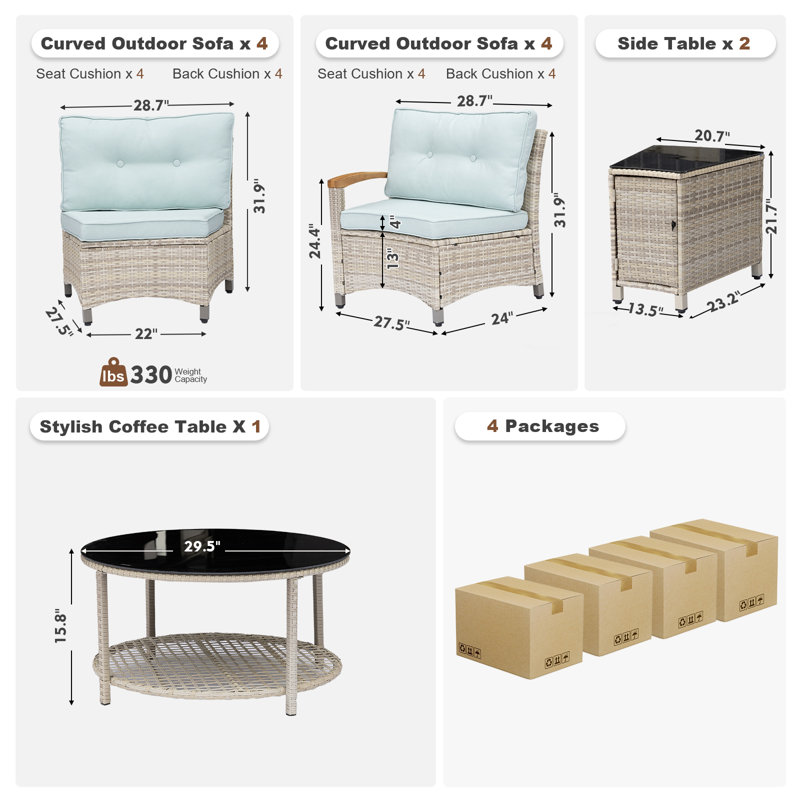 Meissalivve 11-Piece Half-Moon Curved Outdoor Patio Furniture Set, Sectional Conversation Sofa With Wood Armrests, Coffee & Side Tables For Backyard Deck Garden, Sky Blue