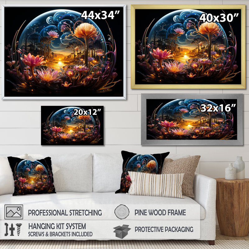 Ville de fleurs, paysages fantastiques sur toile, H 30 po x l 40 po, Cadre naturel flottant