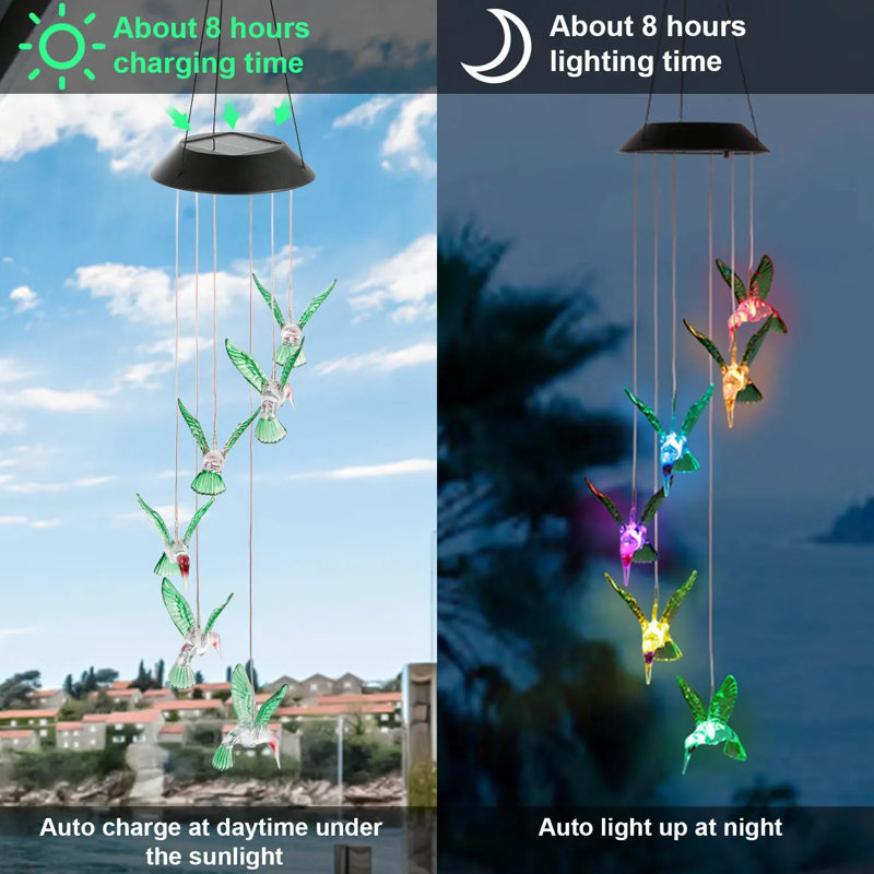 Carillon solaire à DEL Colibri - 6 lumières à changement de couleur, Ip65 imperméable, marche / arrêt automatique, guirlande solaire 8h pour le jardin / cour / patio