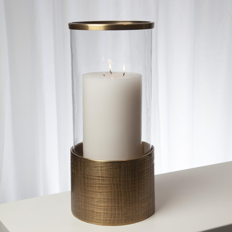 Plaid Etched Glass Hurricane-Antique Brass