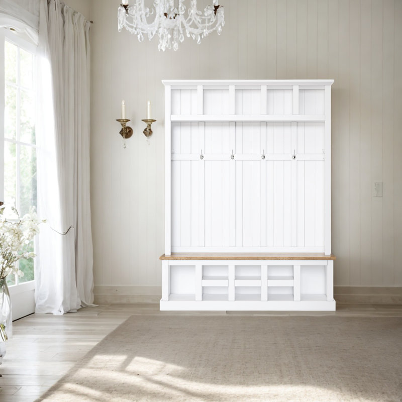 Calisto Hall Tree with Bench Entryway Shoe Cabinet with Hooks and Shoe Storage, White