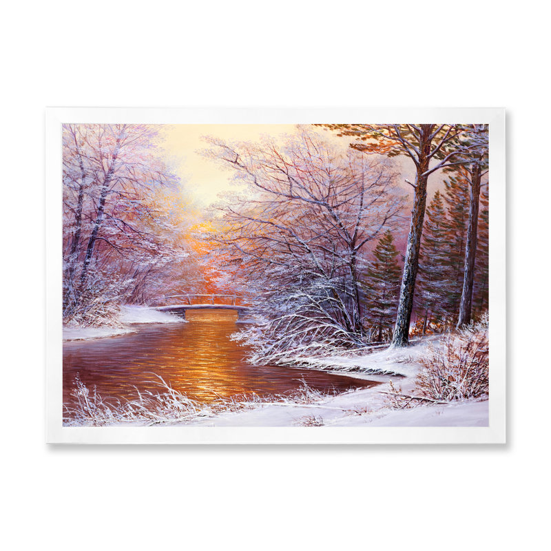 Forêt de Noël avec rivière et arbres II - peinture sur toile, H 16 po x l 32 po x p 1 po, Cadre photo blanc