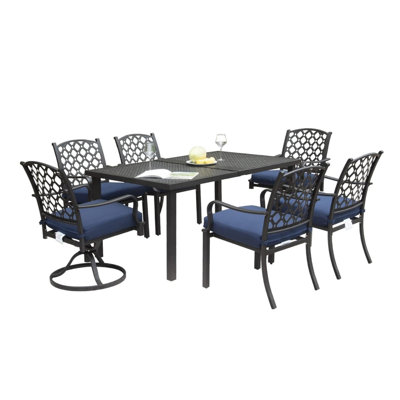 Ensemble de conversation d'extérieur 7 pièces pour patio, table de salle à manger en métal, ensemble de conversation pivotant et chaises de salle à manger avec coussins amovibles bleu marine pour jardin