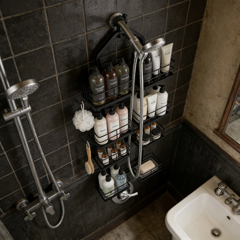 Organisateur de panier de douche réglable et réglable pour les pommes de douche à main, conception de panier divisé à 4 niveaux avec réglage indépendant de la hauteur, système anti-balançoire à double verrouillage, fabrication en acier inoxydable, installation sans outil à grande capacité