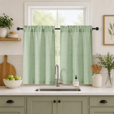 Light Green Cafe Curtains 36 Inch Length 2 Panels Set, Light Filtering Textured Short Kitchen Curtains Over Sink, Small Window Curtain Tier for Cabinet Bathroom RV Camper Basement, 30"W by 36"L