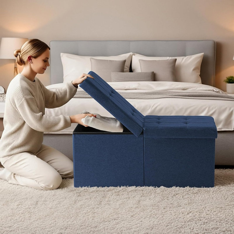 Repose-pieds de 30 po avec rangement, banc de rangement avec repose-pieds, banc de bout de lit, table basse pour le salon, la chambre à coucher et le vestibule (bleu)