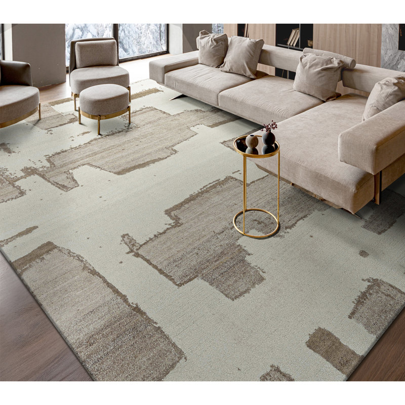 High-Quality Hand-Knotted Ivory And Brown Area Rug, Rectangle 5' x 8'
